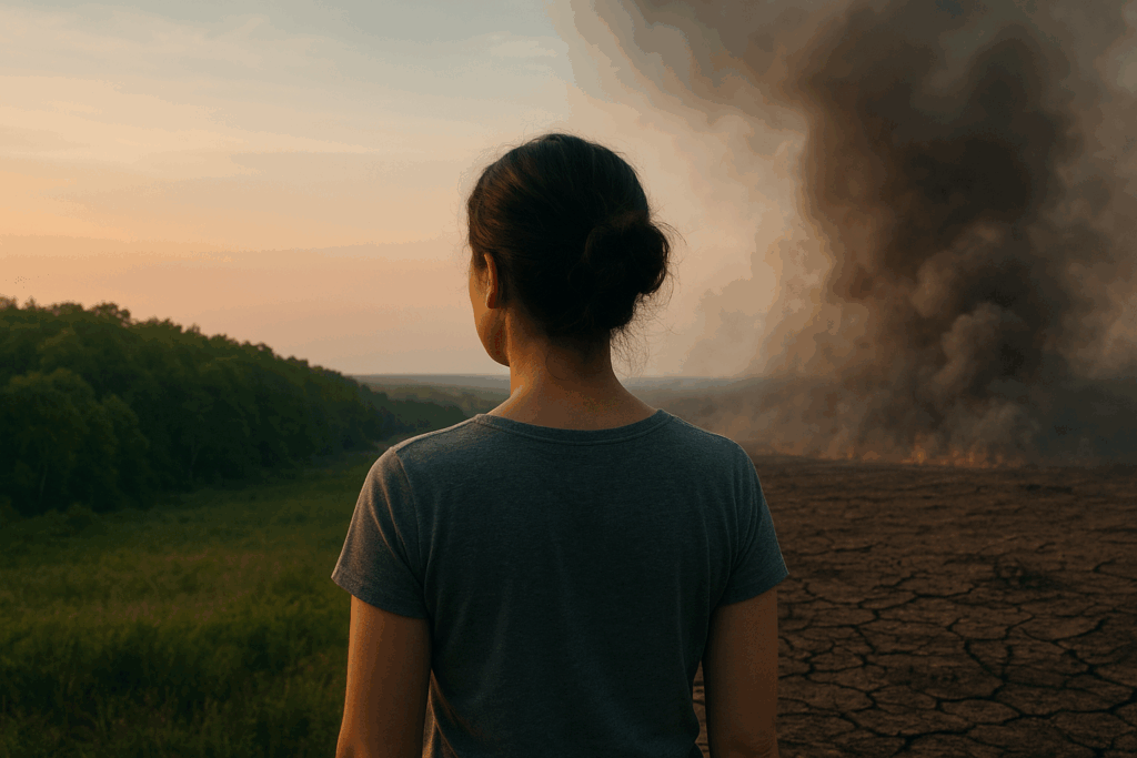A person standing with their back turned, looking at a contrasting landscape of healthy forest and burned, smoky terrain, symbolizing eco anxiety and environmental change.